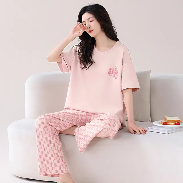 睦隆世家 纯棉可出门外穿家居服短袖长裤休闲睡衣套装 女款