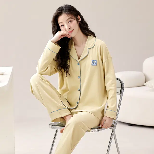 睦隆世家 春秋季长袖纯棉翻领女士可外穿休闲睡衣翻领开衫女全棉家居服套装  女款  香槟色