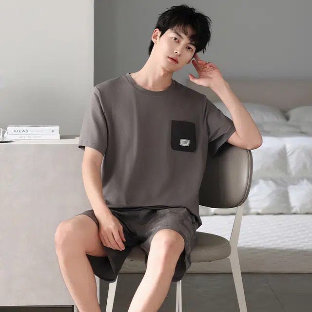 睦隆世家 凉感棉绸短袖短裤家居服薄款冰丝睡衣套装 男款