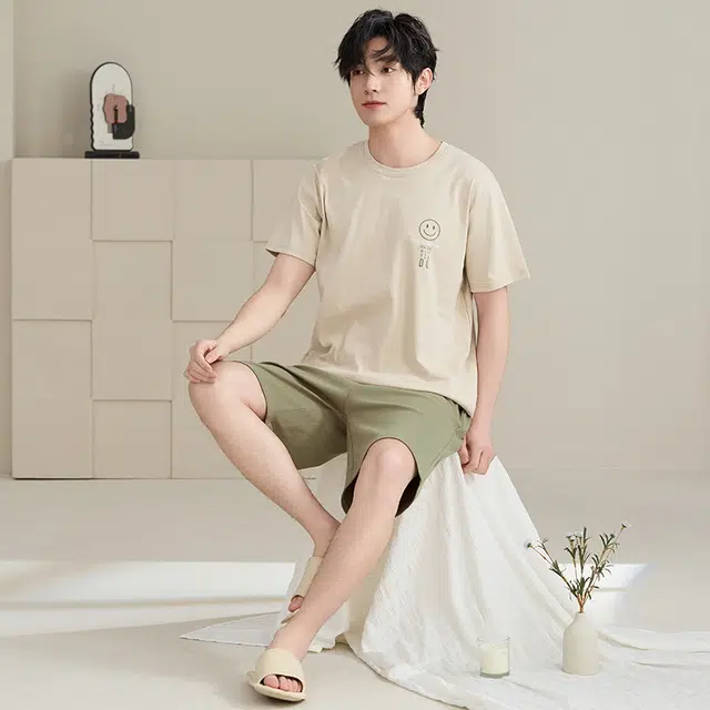 睦隆世家 男士夏季圆领大码家居服纯棉短袖短裤全棉青少年睡衣套装 男款