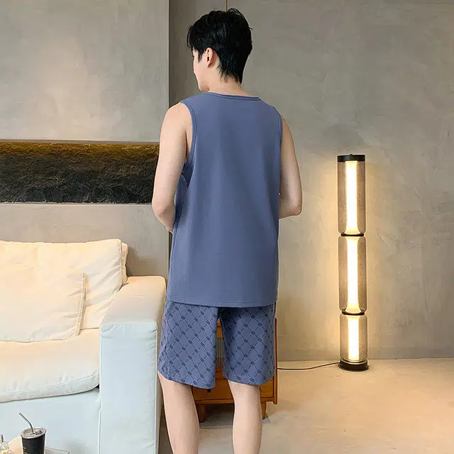 睦隆世家 背心纯棉薄款可外穿舒适无袖全棉家居服睡衣套装 男款