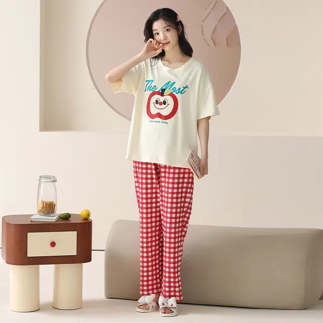 睦隆世家 纯棉短袖家居服可外穿简约休闲睡衣套装 女款