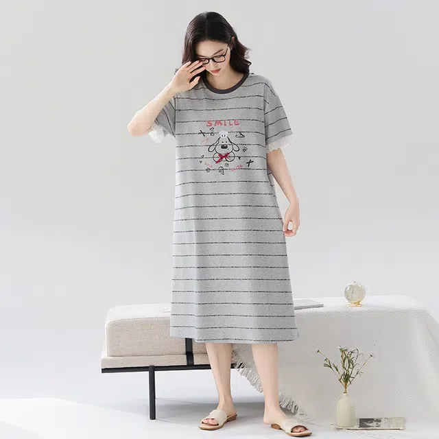 睦隆世家 卡通纯棉短袖中长款大码舒适家居服夏季睡裙 女款