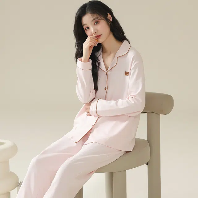 睦隆世家 纯棉可外穿长袖纯色大码家居服睡衣套装 女款