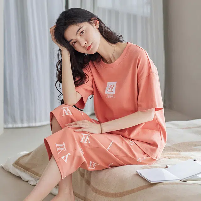 睦隆世家 睡衣女士短袖夏季纯棉休闲薄款夏天可外穿七分裤圆领全棉家居服  套装  橙色