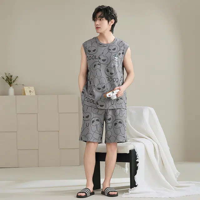 睦隆世家 背心短裤薄款无袖高级感加大码舒适家居服睡衣套装 男款