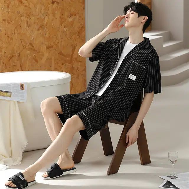 睦隆世家 高级感家居服抑菌短袖开衫五分裤夏季睡衣套装 男款