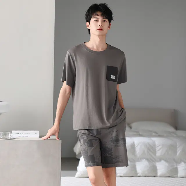 睦隆世家 凉感棉绸短袖短裤家居服薄款冰丝睡衣套装 男款