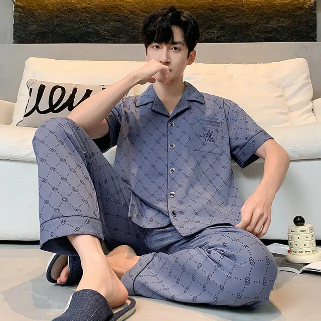 睦隆世家 纯棉短袖长裤舒适简约可外穿家居服夏季睡衣套装 男款