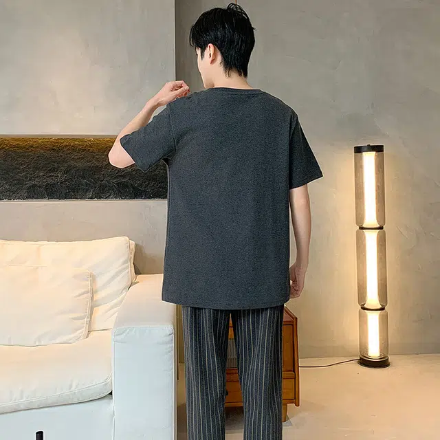 睦隆世家 纯棉休闲短袖长裤薄款可外穿大码家居服睡衣套装 男款