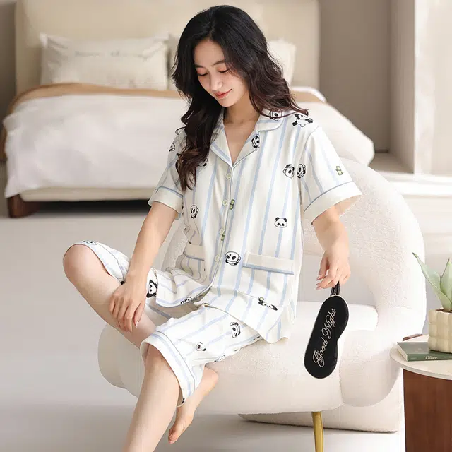 睦隆世家 短袖纯棉薄款舒适休闲七分裤带胸垫家居服睡衣套装 女款