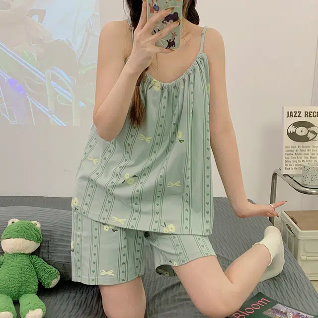 睦隆世家 带胸垫一体夏季性感吊带短裤夏天薄款家居服睡衣套装 女款