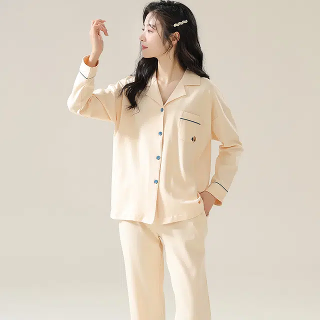 睦隆世家 纯色纯棉长袖可外穿家居服睡衣套装 女款