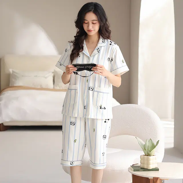 睦隆世家 短袖纯棉薄款舒适休闲七分裤带胸垫家居服睡衣套装 女款