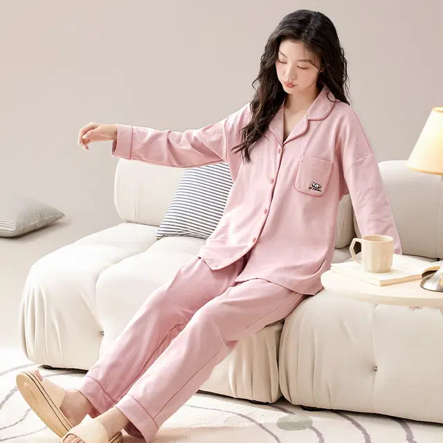 睦隆世家 春秋季甜美长袖纯棉翻领女士可外穿休闲睡衣翻领开衫女全棉家居服套装  女款  粉色