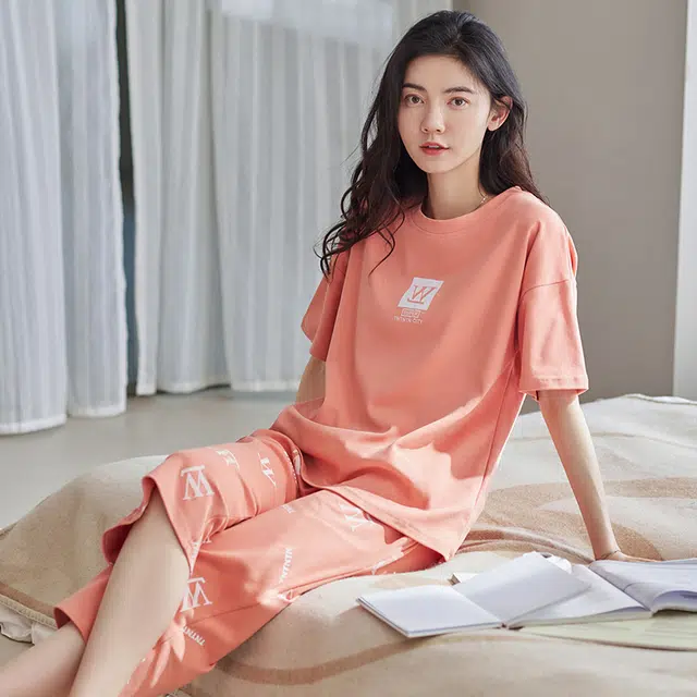 睦隆世家 睡衣女士短袖夏季纯棉休闲薄款夏天可外穿七分裤圆领全棉家居服  套装  橙色