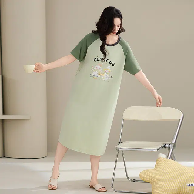 睦隆世家 纯棉短袖中长款卡通大码休闲舒适家居服夏季睡裙 女款