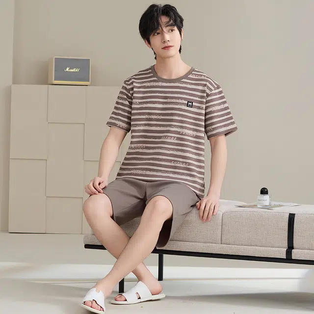 睦隆世家 圆领纯棉短袖短裤家居服夏季睡衣套装 男款