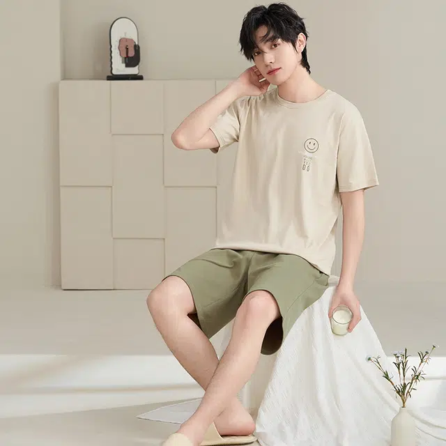 睦隆世家 男士夏季圆领大码家居服纯棉短袖短裤全棉青少年睡衣套装 男款