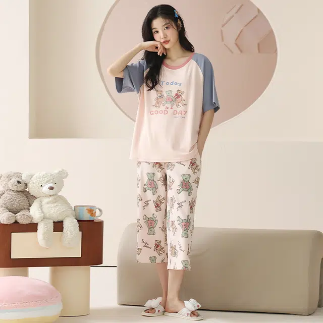 睦隆世家 纯棉短袖简约舒适休闲家居服可外穿睡衣套装 女款