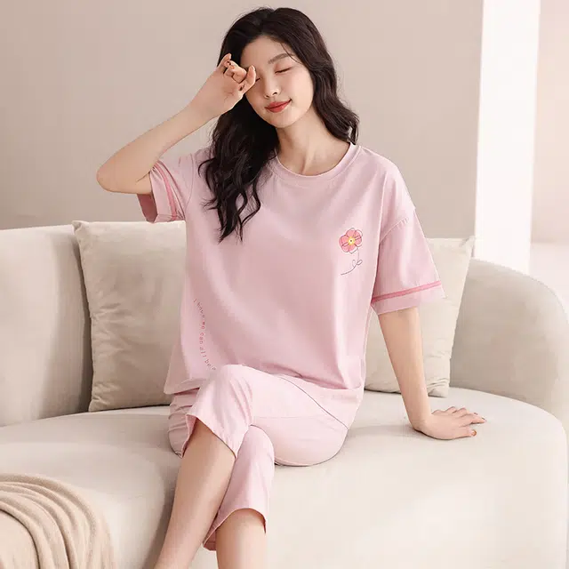 睦隆世家 纯棉短袖七分裤薄款家居服自带胸垫款睡衣套装 女款
