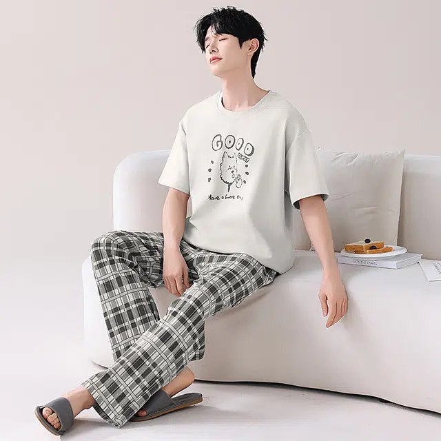 睦隆世家 纯棉短袖长裤可外穿家居服睡衣套装 男款