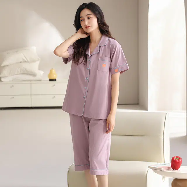 睦隆世家 带胸垫短袖七分裤薄款舒适休闲可外穿家居服睡衣套装 女款