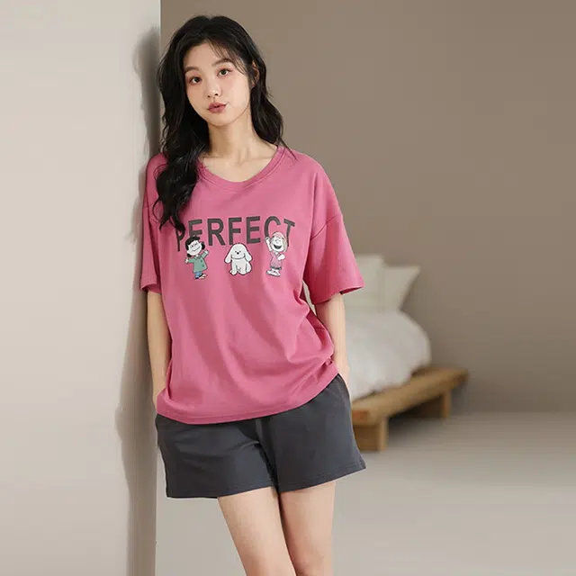 睦隆世家 可外穿潮流卡通宽松可爱带胸垫韩版圆领短袖短裤格子家居服夏季睡衣套装 女款