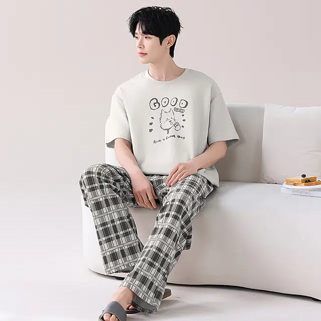 睦隆世家 纯棉短袖长裤可外穿家居服睡衣套装 男款