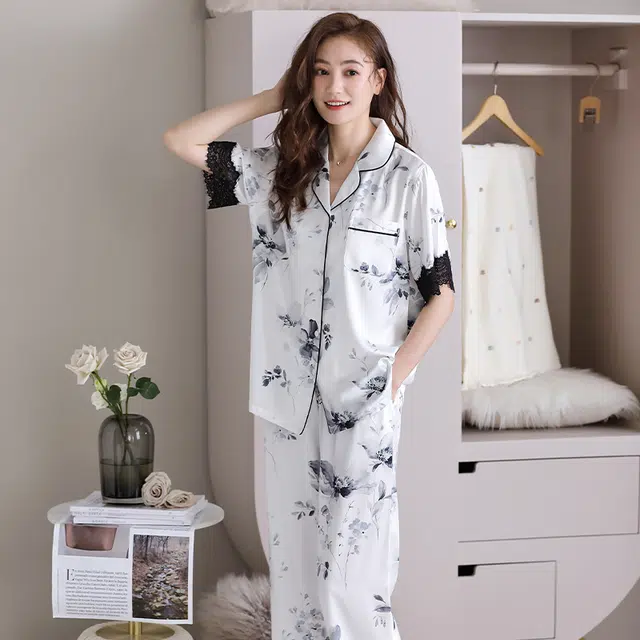 睦隆世家 短袖长裤冰丝薄款仿真丝绸家居服夏季睡衣套装 女款