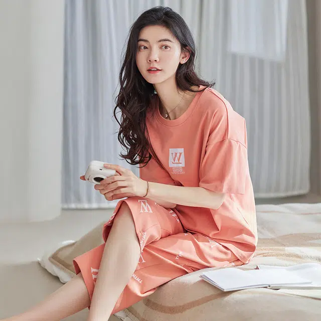 睦隆世家 睡衣女士短袖夏季纯棉休闲薄款夏天可外穿七分裤圆领全棉家居服  套装  橙色