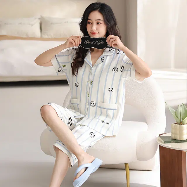 睦隆世家 短袖纯棉薄款舒适休闲七分裤带胸垫家居服睡衣套装 女款