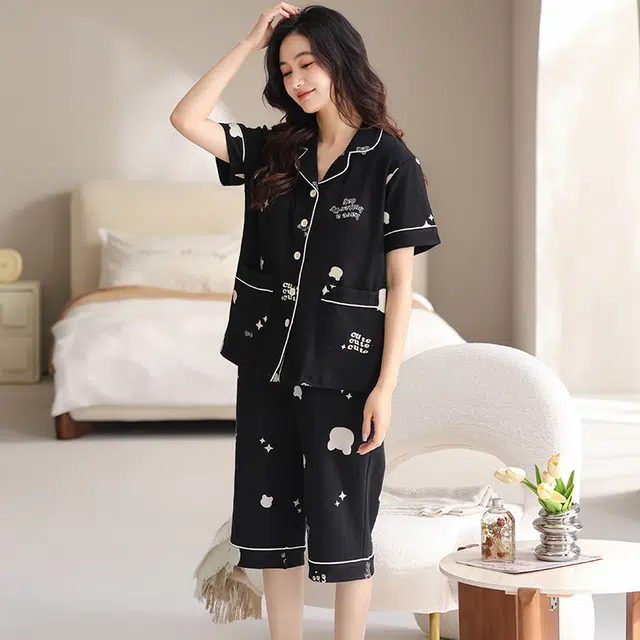 睦隆世家 短袖纯棉薄款七分裤舒适带胸垫家居服睡衣套装 女款