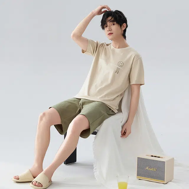 睦隆世家 男士夏季圆领大码家居服纯棉短袖短裤全棉青少年睡衣套装 男款