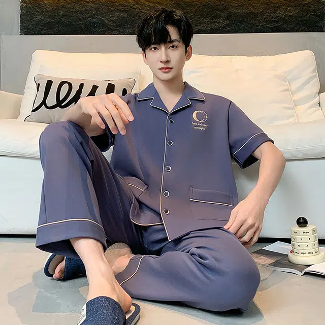 睦隆世家 纯棉短袖长裤时尚家居服舒适简约睡衣套装 男款