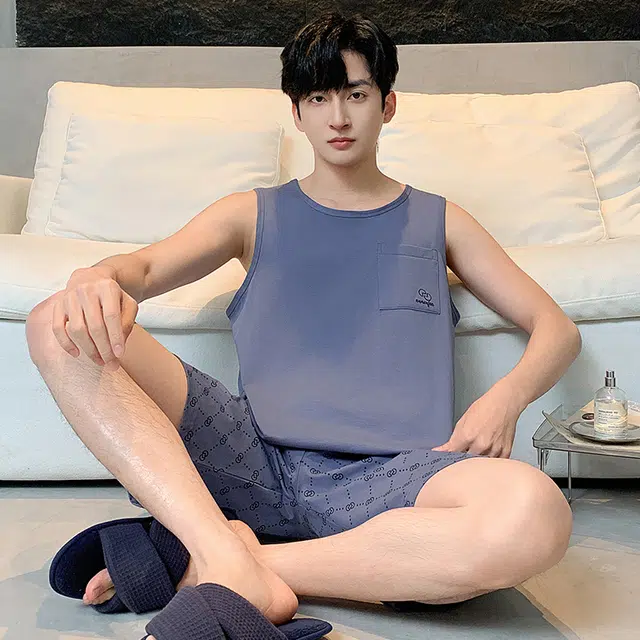 睦隆世家 背心纯棉薄款可外穿舒适无袖全棉家居服睡衣套装 男款