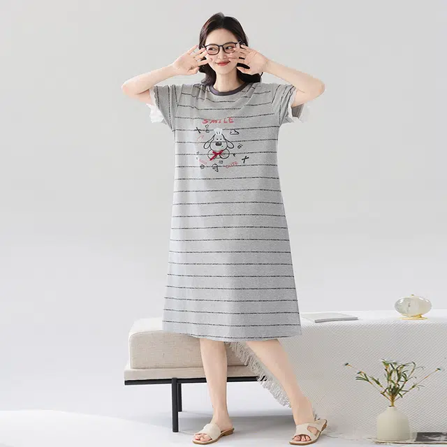 睦隆世家 卡通纯棉短袖中长款大码舒适家居服夏季睡裙 女款