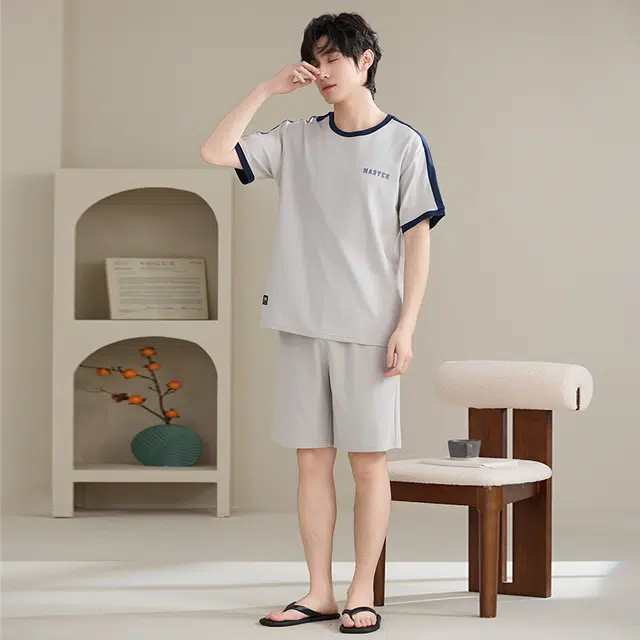 睦隆世家 纯棉短袖短裤全棉青少年圆领男士夏季大码家居服睡衣套装 男款