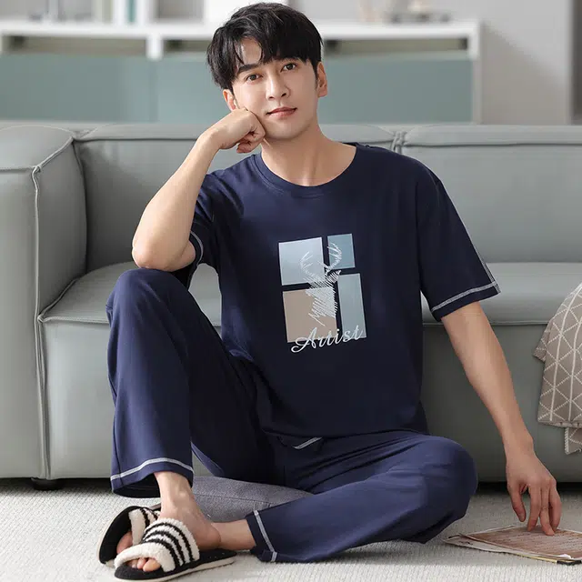 睦隆世家 舒适短袖长裤宽松可外穿家居服夏季睡衣套装 男款