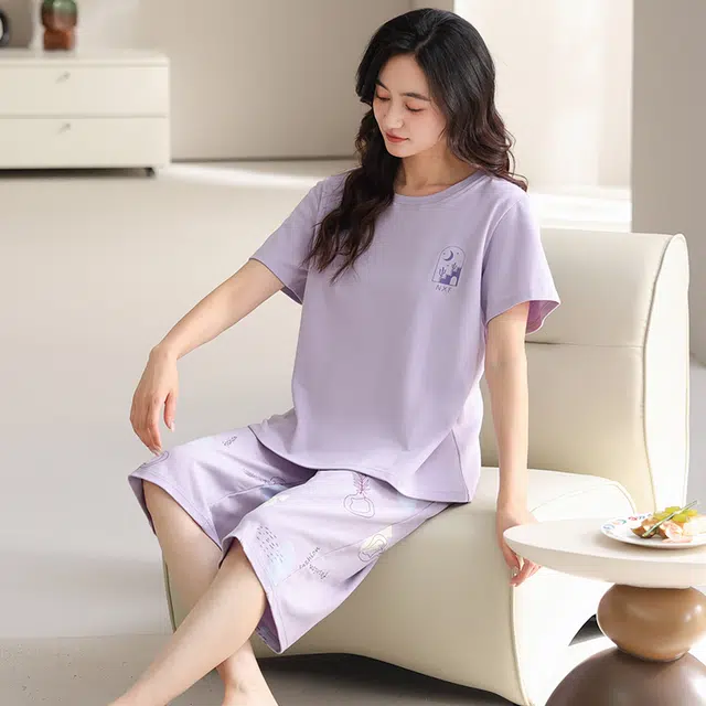 睦隆世家 夏季纯棉短袖七分裤薄款休闲家居服可外穿睡衣套装 女款