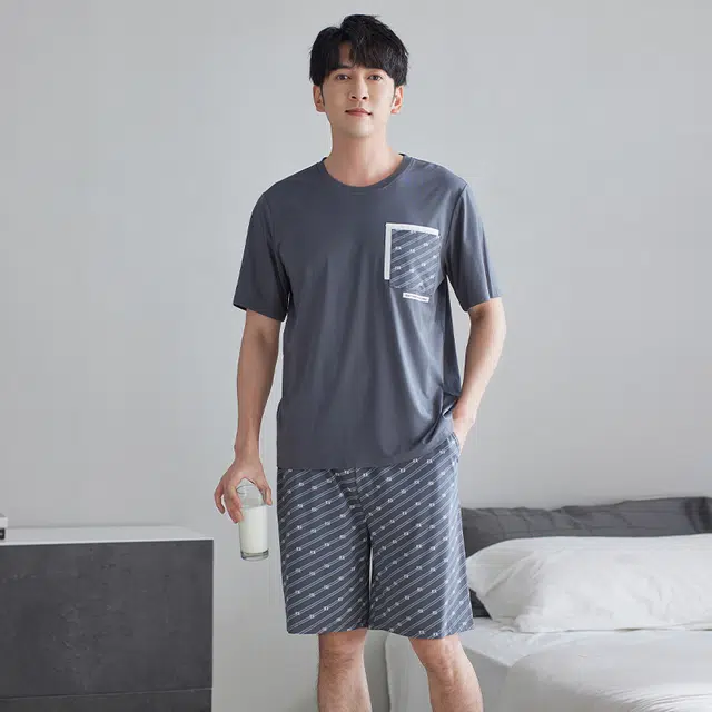 睦隆世家 凉感棉绸莫代尔短袖短裤家居服薄款冰丝睡衣套装 男款
