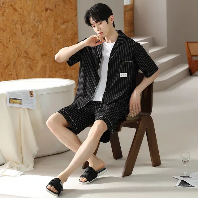 睦隆世家 高级感家居服抑菌短袖开衫五分裤夏季睡衣套装 男款