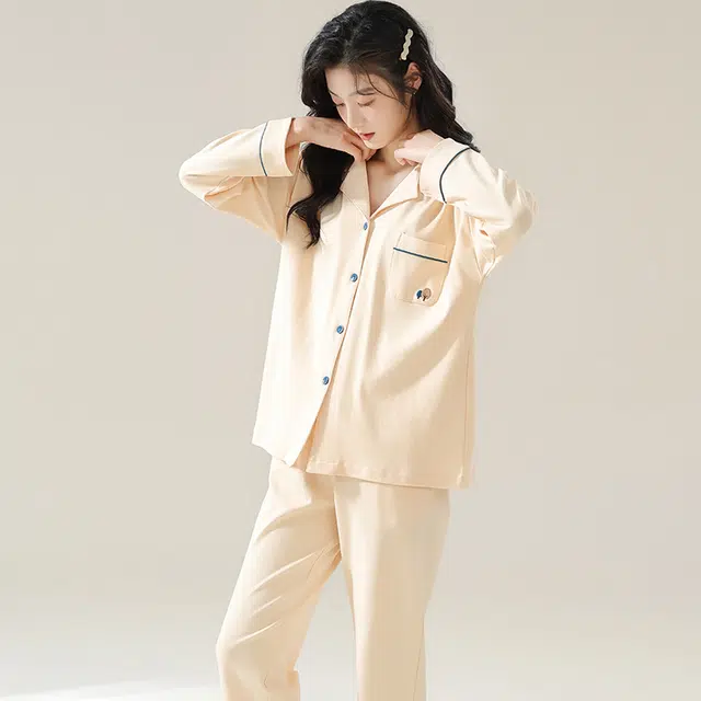 睦隆世家 纯色纯棉长袖可外穿家居服睡衣套装 女款