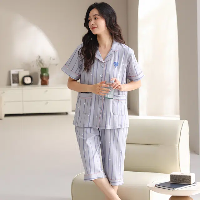 睦隆世家 夏季纯棉开衫短袖七分裤薄款甜美休闲加大码家居服睡衣套装 女款