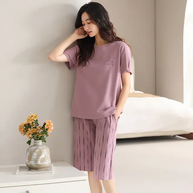 睦隆世家 夏季纯棉短袖七分裤休闲舒适家居服可外穿睡衣套装 女款