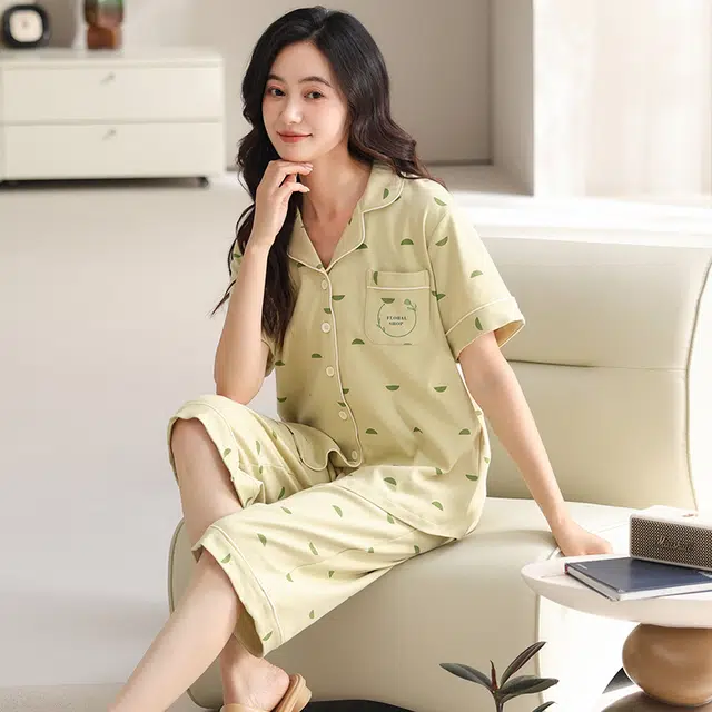 睦隆世家 夏季纯棉开衫短袖七分裤薄款休闲家居服睡衣套装 女款