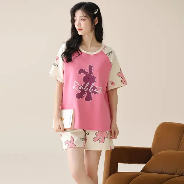 睦隆世家 休闲短袖甜美家居服带胸垫可外穿睡衣套装 女款