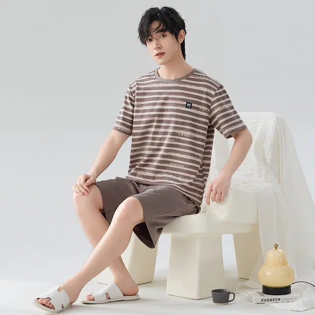 睦隆世家 圆领纯棉短袖短裤家居服夏季睡衣套装 男款