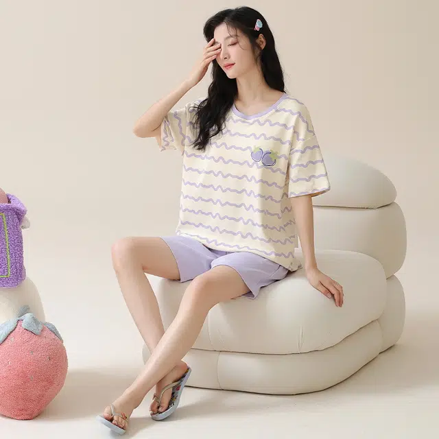 睦隆世家 带胸垫可外穿短袖上衣甜美家居服三分裤夏季睡衣套装 女款