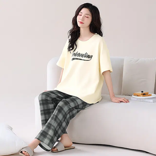 睦隆世家 圆领短袖上衣可外穿家居服长裤春夏季睡衣套装 女款